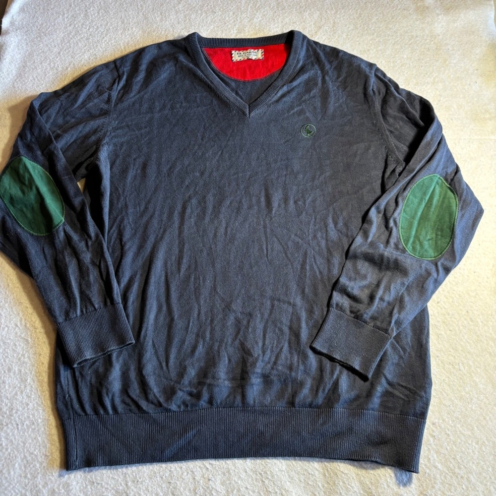 El Ganso Mens Navy V Neck Sweater Green Elbow Patches Made‎ in Portugal Size 2XL